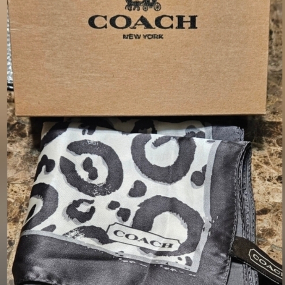 Coach Black and Gray Monochrome Animal Print 100 % Silk Scarf w/Gift Box